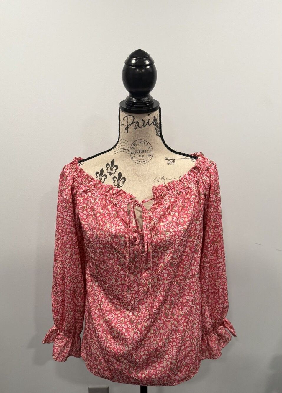 Pink Floral  Blouse With Tie In Front, Size L, Lightweight
